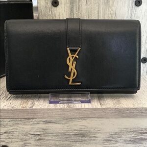 Yves Saint Laurent Black Wallet/Clutch with Gold Logo and Box, Dust Bag and COA
